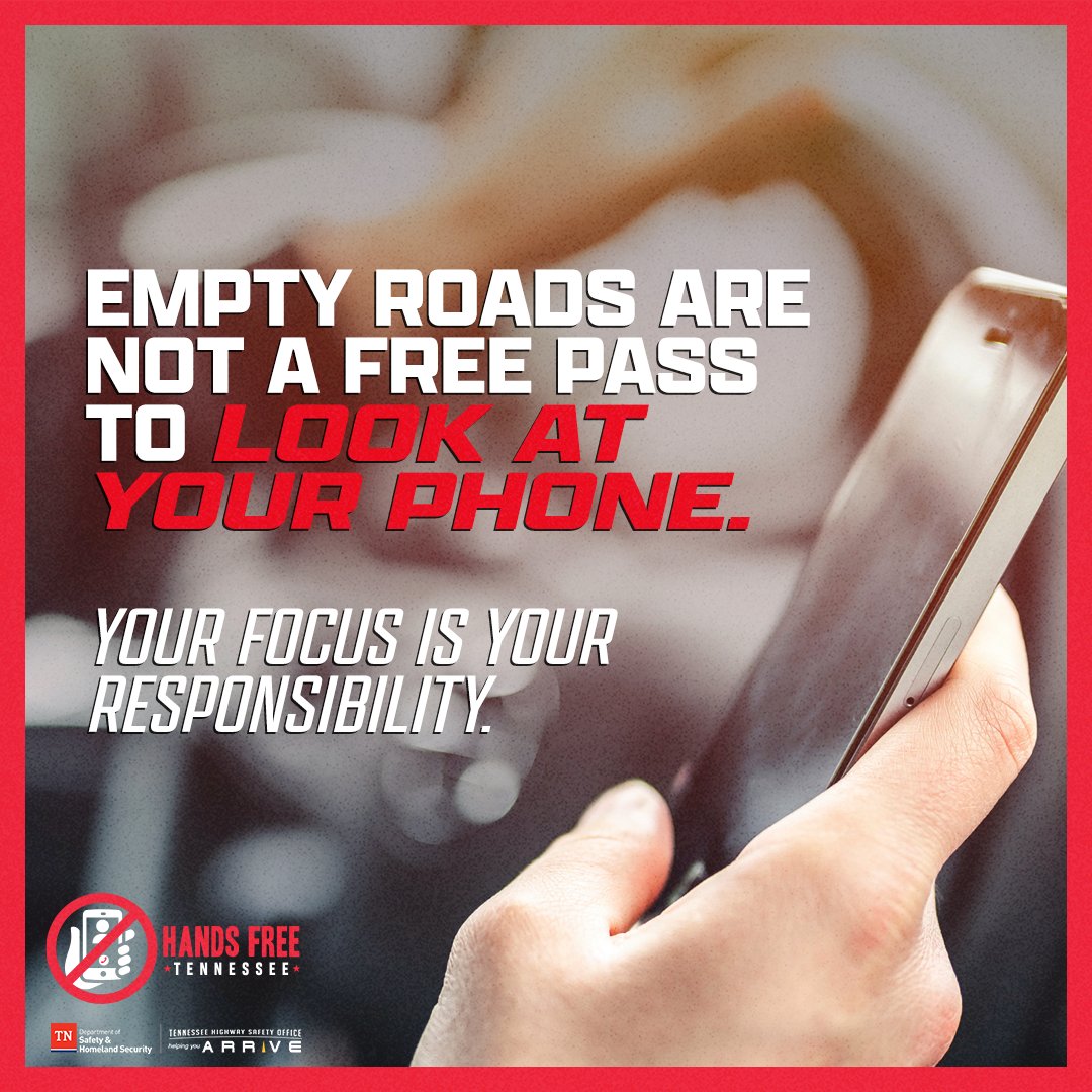 TNHSO's tweet image. There’s just no safe way to check notifications when you’re driving. Distractions are dangerous, even when there are no other vehicles around you. #HandsFreeTN
Learn more: tntrafficsafety.org/distracted-dri…