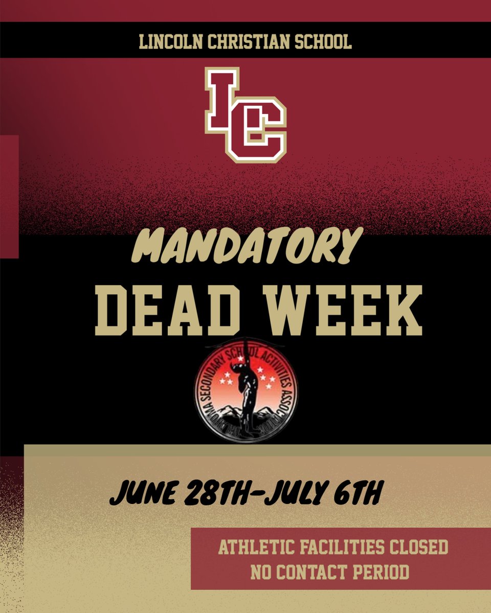 The OSSAA Dead Week takes place from June 28th to July 6th. ALL athletic facilities will be closed. There is no contact between coaches and athletes. Enjoy your time off and get some rest! We'll see you back on Monday, July 7th!