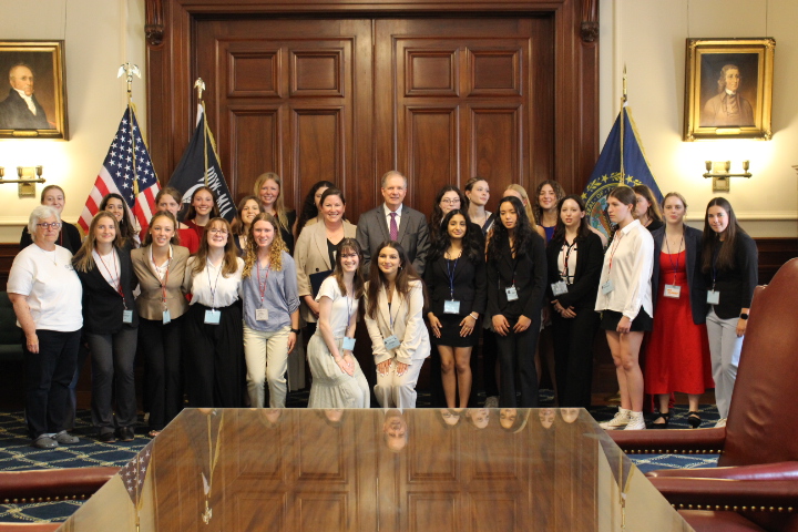 NHSecretary's tweet image. Secretary Scanlan and Deputy Secretary Hennessey caught up with the @NHBoysState and Girls State programs, which give high school juniors a hands-on education in civics and the legislative process. We’re glad this impressive group of students stopped by!