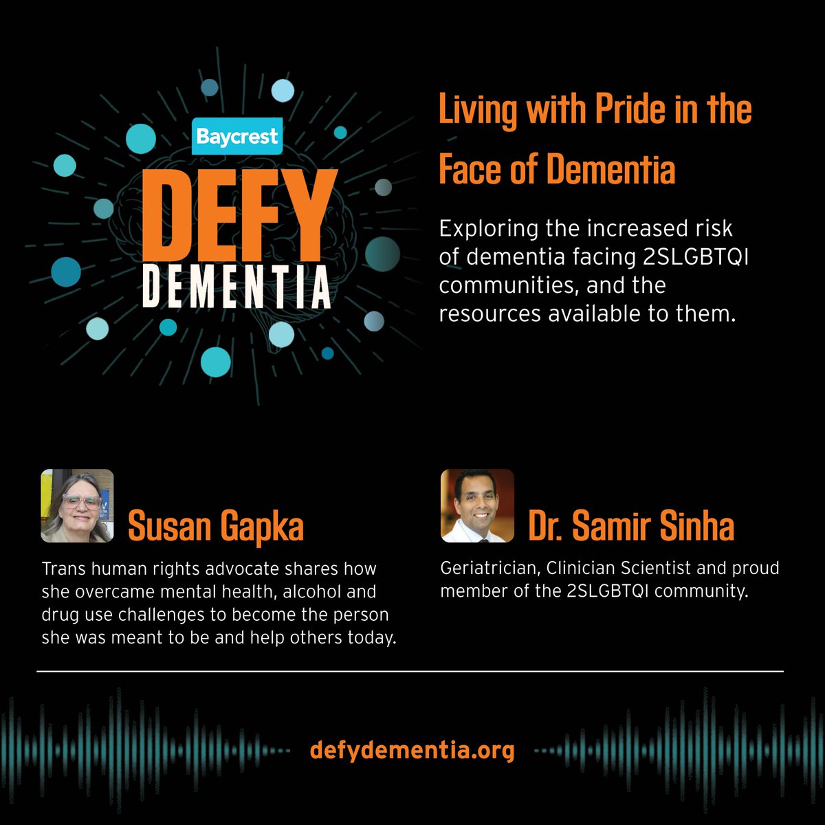 NIAgeing's tweet image. 2SLGBTQI communities can face a greater risk of dementia. In this special #Pride episode, we
learn about this increased risk, and about the tools, techniques, and resources available to
mitigate the risk. Listen to @Baycrest's #DefyDementia podcast for an inspiring Pride-themed…
