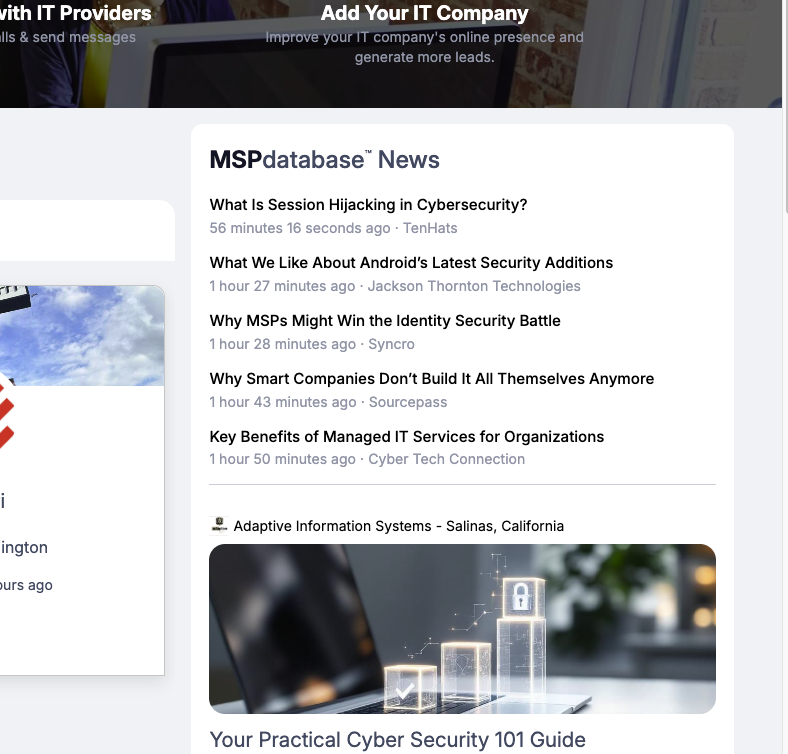 MSP Database (@mspdatabase) on Twitter photo We just launched a "latest news" section on the homepage of <a href="/MSPdatabase/">MSPdatabase</a> 🎊🎉🥳
Get your Managed IT news - updated throughout the day!
Check it out @ MSPdatabase.com
#MPS #MSPmarketing #MSPdatabase We just launched a "latest news" section on the homepage of <a href="/MSPdatabase/">MSPdatabase</a> 🎊🎉🥳
Get your Managed IT news - updated throughout the day!
Check it out @ MSPdatabase.com
#MPS #MSPmarketing #MSPdatabase