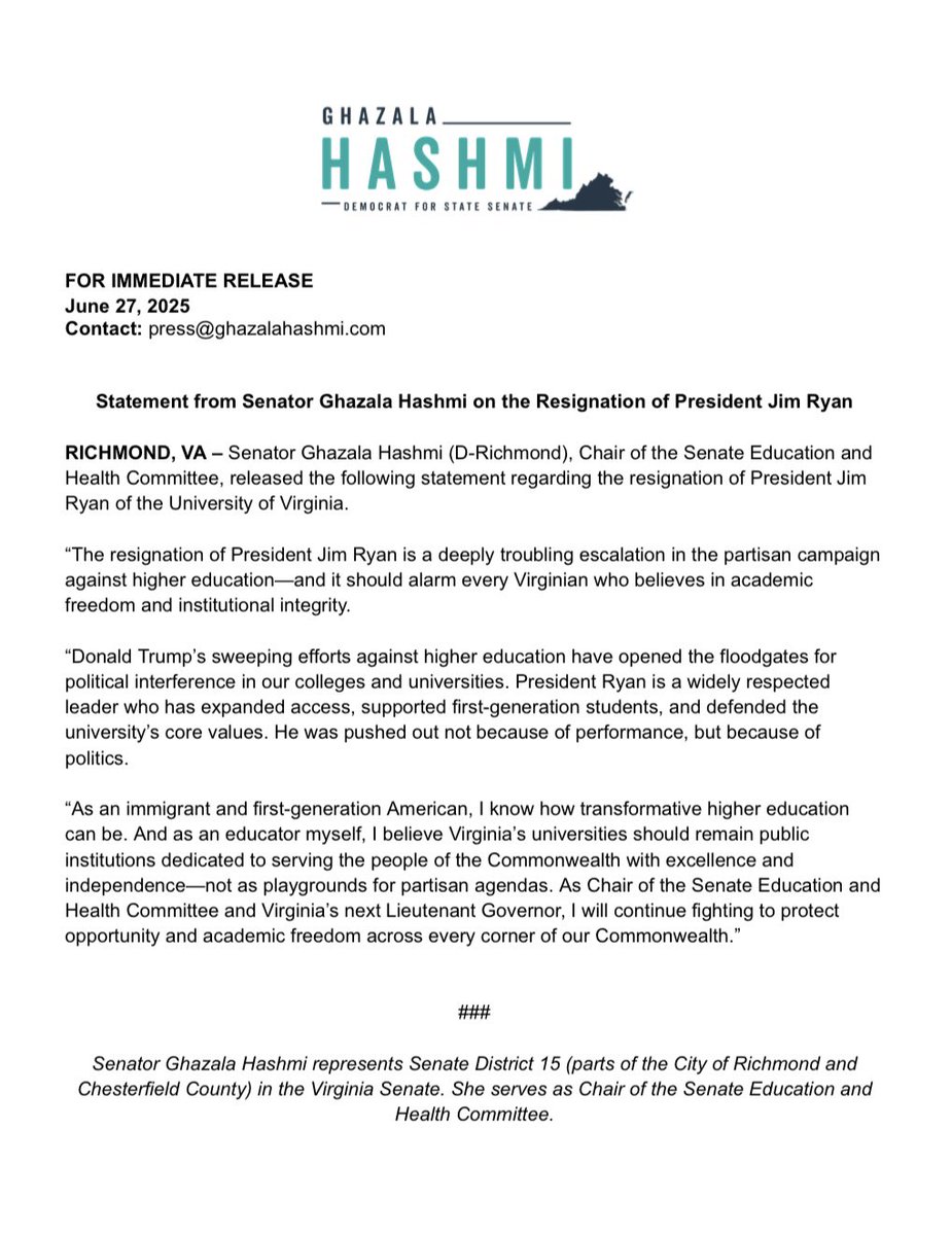 The resignation of President Jim Ryan is a deeply troubling escalation in the partisan campaign against higher education. Read my full statement: bit.ly/0627UVAPR