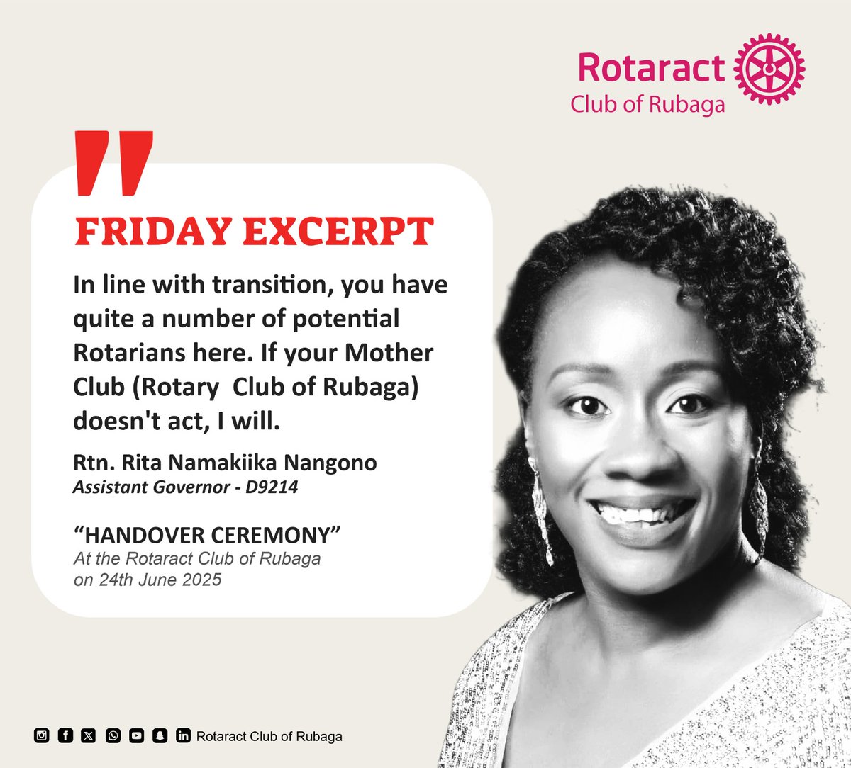 RotaractRubaga's tweet photo. 📒 EXCERPT FRIDAY 📒

More in today's reflection on the insights of Assistant Governor Rita Namakiika Nangono at the Handover Ceremony of the Rotaract Club of Rubaga, held on 24th June 2025.

#PRTeam
#TheElites
#FridayExcerpt
#TheRubagaWay
Rotaract Club of Rubaga https://t.co/UAscf9ed7R