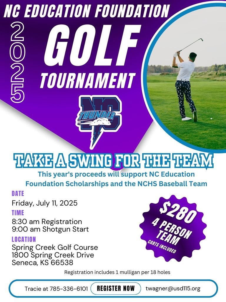 The 2025 Nemaha Central Education Foundation Golf Tournament is scheduled for Friday, July 11th...

Contact Tracie today and enter a team! Thanks for your support, Thunder Patrons!

#Nemaha
