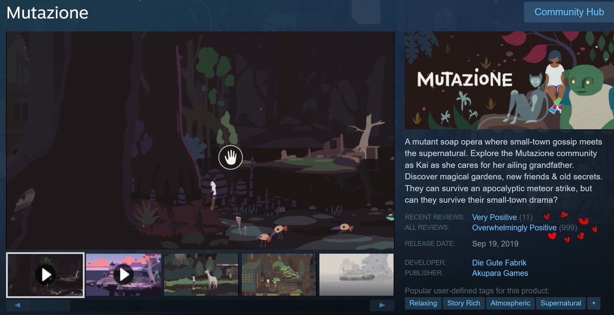 Akupara Games 💫 Indie Games Publisher (@akuparagames) on Twitter photo 🌱Mutazione has 999 Overwhelmingly Positive reviews on Steam! <a href="/gutefabrik/">Die Gute Fabrik</a>
If you're looking for a deep story where 🏘️small-town gossip meets the supernatural, join 15-year-old Kai on an adventure to care for her ailing grandfather.
Or leave us a review, if you haven't yet? 💘 🌱Mutazione has 999 Overwhelmingly Positive reviews on Steam! <a href="/gutefabrik/">Die Gute Fabrik</a>
If you're looking for a deep story where 🏘️small-town gossip meets the supernatural, join 15-year-old Kai on an adventure to care for her ailing grandfather.
Or leave us a review, if you haven't yet? 💘