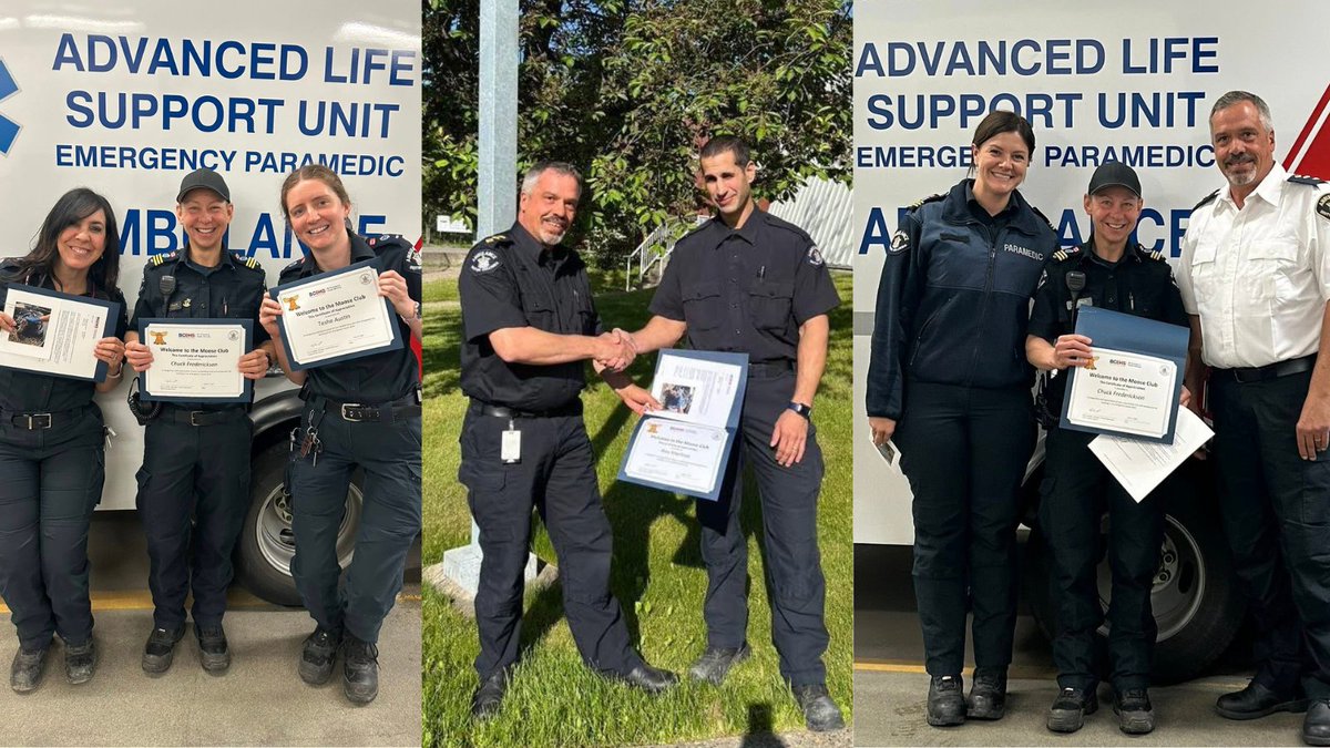 A moose calf was born during a recent highway crash. Prince George #paramedics wrapped it in a blanket, fed it with a turkey baster, and gave it warmth in its final hours. For their efforts, they were honoured with a custom “moose pin.” 
bcehs.ca/about/news-sto…  #BCEHS50