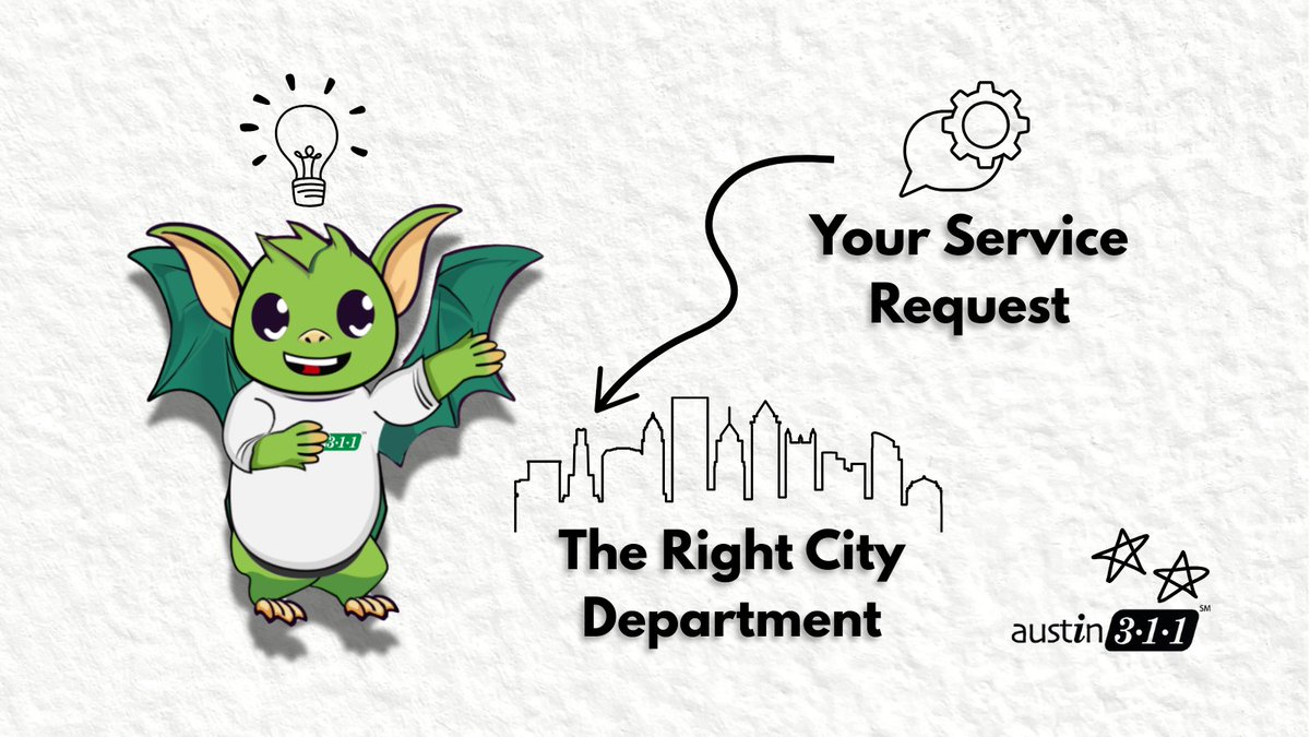 Austin 3-1-1 takes your service request, and it gets sent to the right city department! Dial 3-1-1 or 512-974-2000, go online to austin311.org or download the Austin 3-1-1 mobile app to submit a service request.