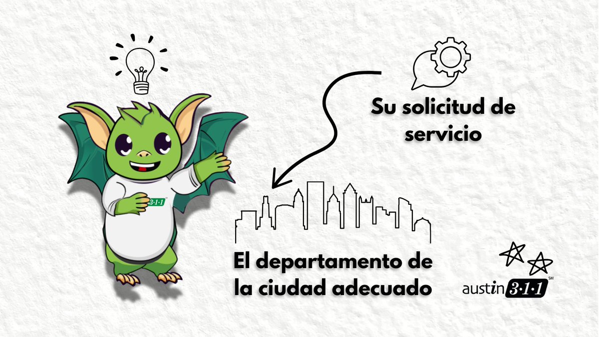 Austin 3-1-1 recibe su solicitud de servicio y se envía al departamento de la ciudad correspondiente. Marque al 3-1-1 o al 512-974-2000, visite en línea austin311.org o descargue la aplicación móvil de Austin 3-1-1 para enviar una solicitud de servicio.