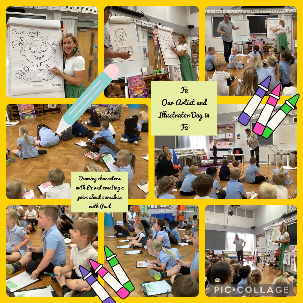 LonghillPrimary's tweet image. What a super day with Liz Million and Paul Cookson. F2 had a fabulous time and a good giggle sketching some very funny characters and developing their drawing skills. Pete’s Pizzas! 🍕 ❤️ #LPSHull #EYFS #Expressiveartsanddesign