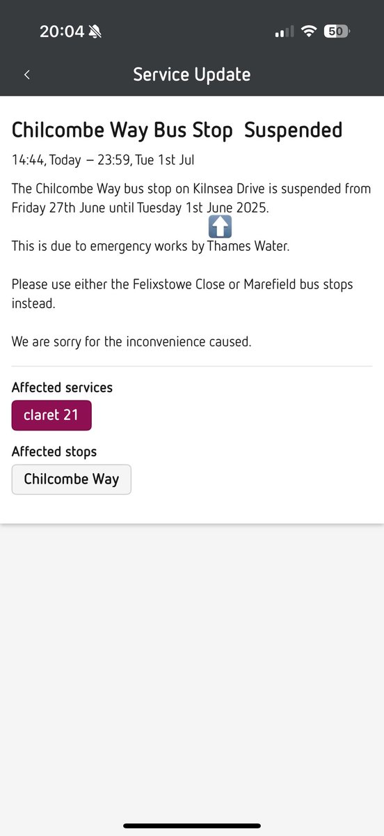 meado29's tweet photo. @reading_buses slight typo on the app regarding the service update 😬 https://t.co/V2edB7OGmy