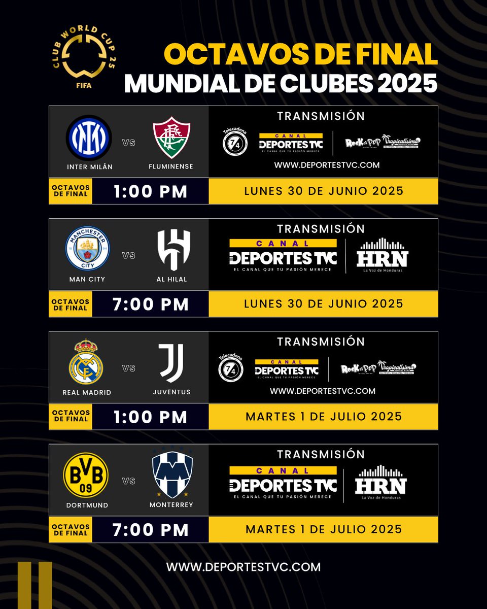 ¡Los Octavos de Final están en Deportes TVC!🔥

📅 Descubrí cuándo y dónde juega tu equipo favorito.
📺 Viví cada jugada por Canal Deportes TVC y 📻 Emisoras Unidas.
¡Todos los partidos, toda la emoción en un solo lugar!
#MundialDeClubesxTVC