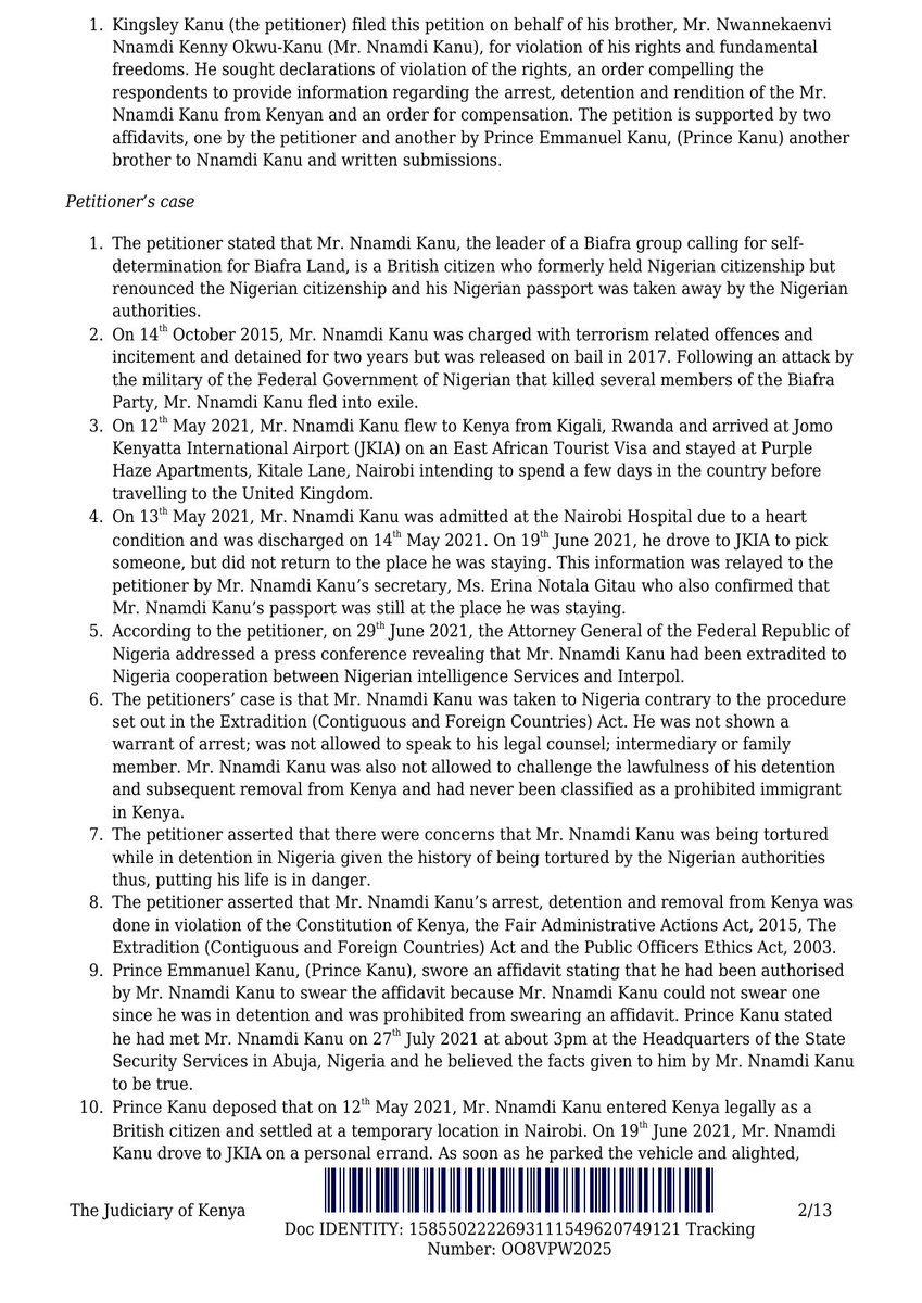 ChukwuebukaIPOB's tweet image. JUNE 27, 2025
EMMA POWERFUL, SPOKESPERSON AND MEDIA & PUBLICITY SECRETARY IPOB
KENYAN HIGH COURT DECLARES THE RENDITION OF MAZI NNAMDI KANU ILLEGAL: A CRUSHING BLOW TO NIGERIA’S LIES AND INTERNATIONAL LAWLESSNESS
Thread 👇🏿