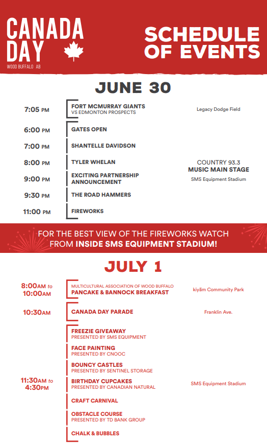 Are you excited for all of the fantastic Canada Day events? Get ready for fireworks TONIGHT at 11:00 PM at the SMS Equipment Stadium at Shell Place after the The Road Hammers hit the stage.

#RMWB #ABleg #Ymm #CanadaDay <a href="/YourAlberta/">Alberta Government</a>  <a href="/UCPCaucus/">United Conservative Caucus</a>  <a href="/ABDanielleSmith/">Danielle Smith</a>  <a href="/BrianJeanAB/">Brian Jean</a>