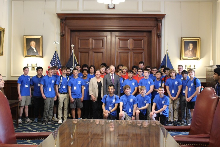 NHSecretary's tweet image. Secretary Scanlan and Deputy Secretary Hennessey caught up with the @NHBoysState and Girls State programs, which give high school juniors a hands-on education in civics and the legislative process. We’re glad this impressive group of students stopped by!