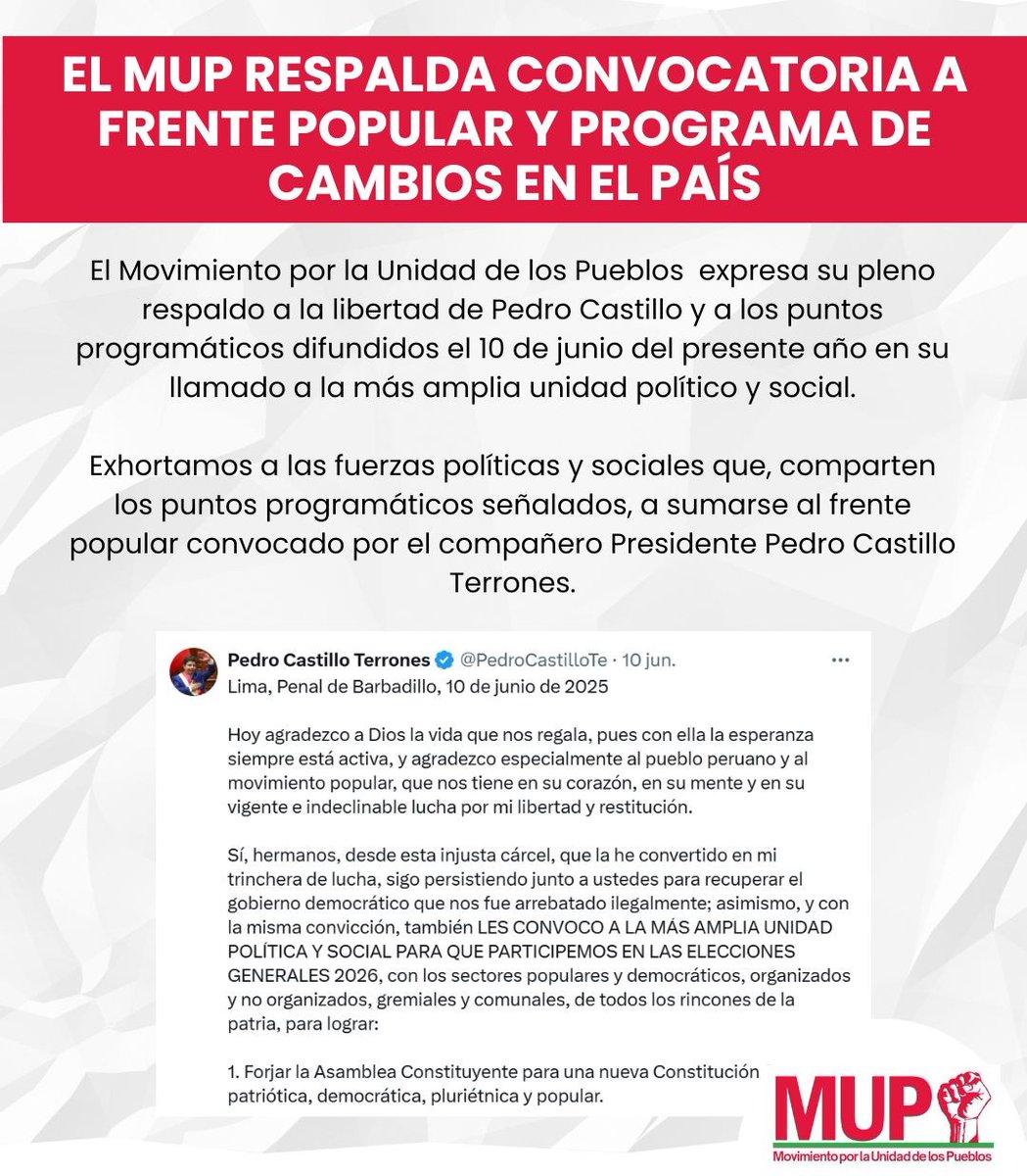 🔴 RESPALDAMOS CONVOCATORIA A FRENTE POPULAR Y PROGRAMA DE CAMBIOS EN EL PAÍS
El MUP  expresa su pleno respaldo a la libertad de Pedro Castillo y a los puntos programáticos difundidos el 10.06 en su llamado a la más amplia unidad político y social.

x.com/PedroCastilloT…