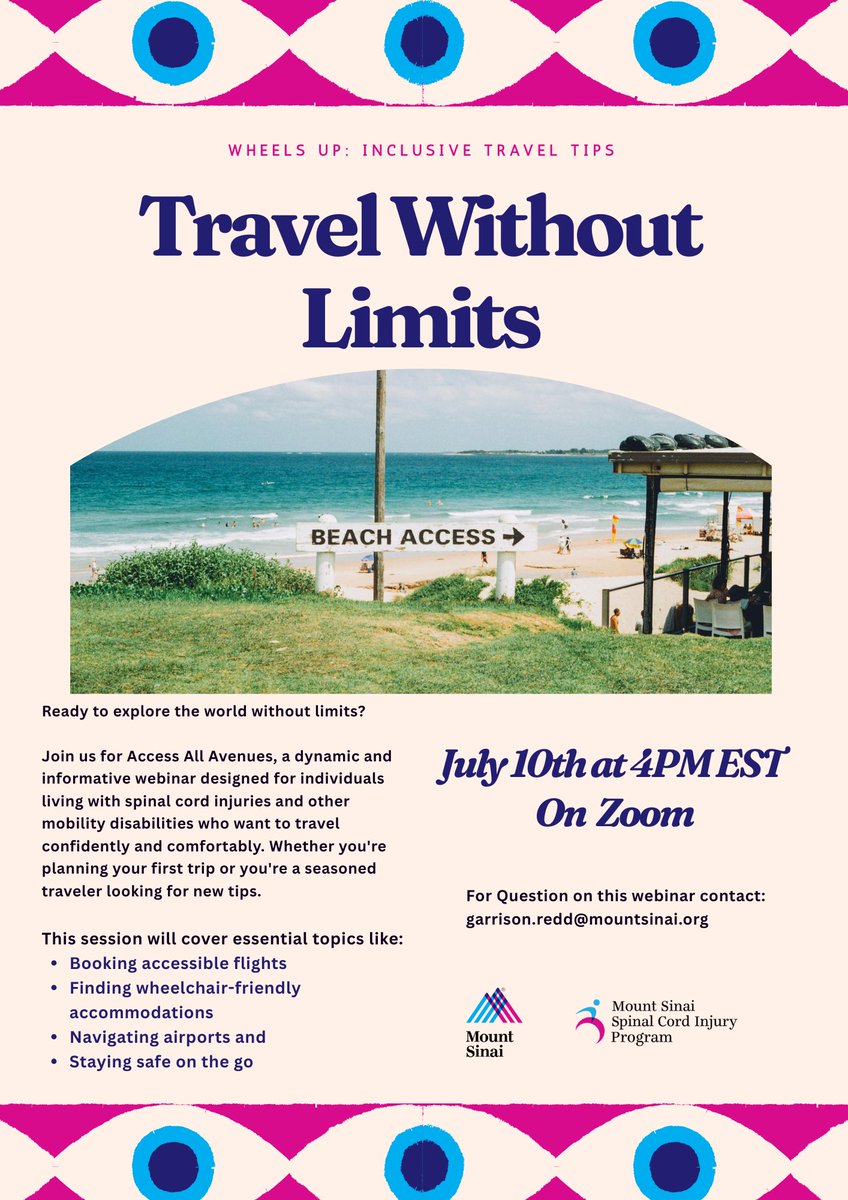 Wheels Up: Inclusive Travel Tips
July 10 | 4PM EST
Ready to explore the world without limits? 📷 Join us for a powerful webinar designed for individuals with spinal cord injuries and other mobility disabilities who want to travel confidently and comfortably.