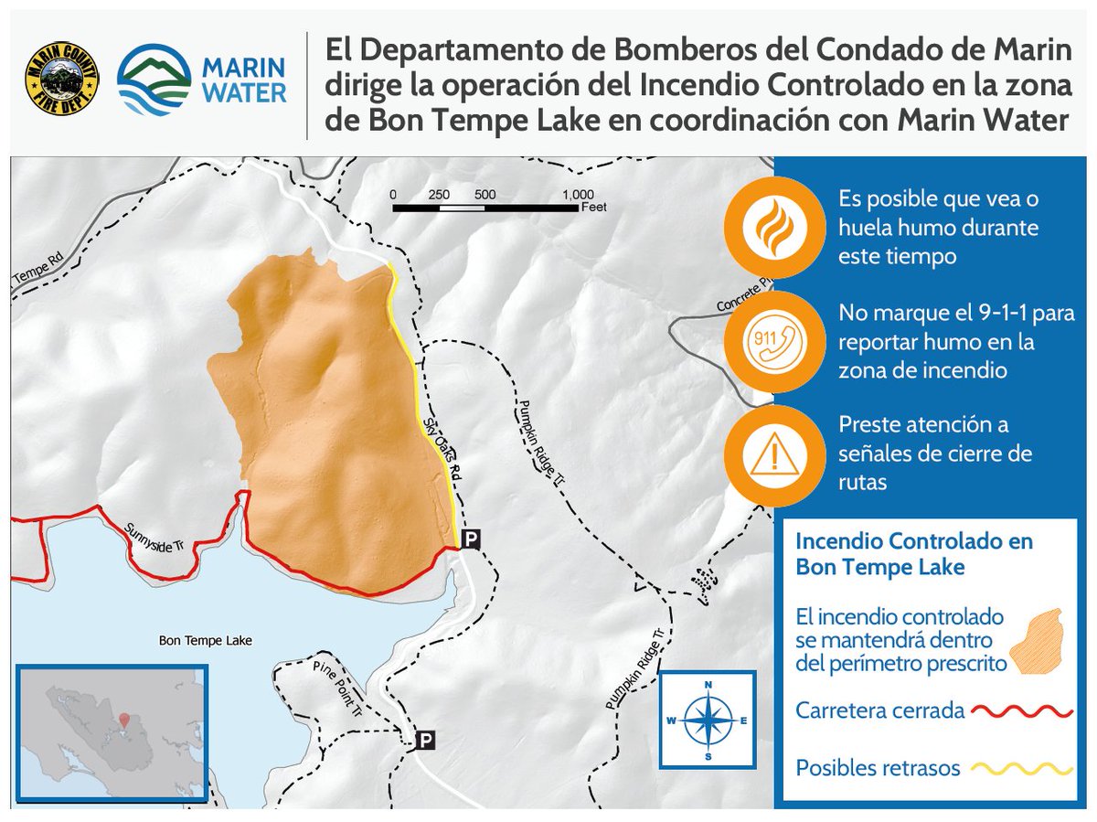 As early as July 1, Marin County Fire, in coordination with Marin Water, will manage a prescribed fire operation on Mt. Tam along the northern side of Bon Tempe Lake. Please refrain from dialing 9-1-1 to report smoke from the area. More info: bit.ly/4lbVYlK
