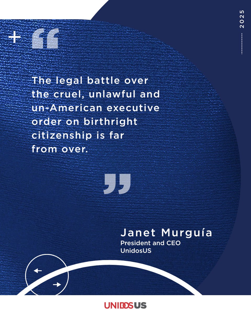 UnidosUS (@weareunidosus) on Twitter photo The Supreme Court didn’t rule on the constitutionality of Trump’s EO to end birthright citizenship — but once again sided with the admin’s efforts to expand its authority in ways that violate constitutional rights.
This fight is not over.
<a href="/JMurguia_Unidos/">Janet Murguía</a>
unidosus.org/press-releases… The Supreme Court didn’t rule on the constitutionality of Trump’s EO to end birthright citizenship — but once again sided with the admin’s efforts to expand its authority in ways that violate constitutional rights.
This fight is not over.
<a href="/JMurguia_Unidos/">Janet Murguía</a>
unidosus.org/press-releases…
