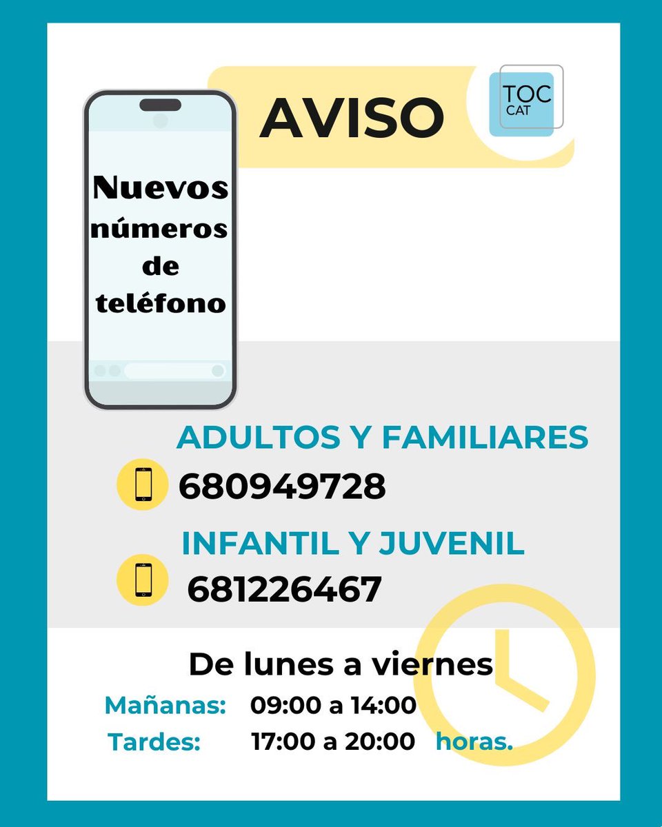 📢 Nous números de telèfon de TOC Catalunya:
➡️ Adults i famílies: 680949728
➡️ Infantil i juvenil: 681226467
Horari: dl-dv 09-14h i 17-20h
Parlem!