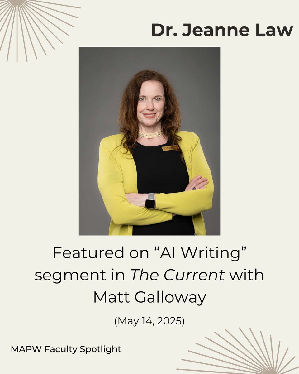kenn_state_mapw's tweet image. 💫 MAPW Faculty Spotlight 💫
Dr. Jeanne Law was featured on the CBC radio program 𝘛𝘩𝘦 𝘊𝘶𝘳𝘳𝘦𝘯𝘵 discussing writing and AI. Congratulations, Dr. Law! #getyourwriteon
💻 Link in bio to read the transcript and to learn about our new AI & Writing Technologies certificate!