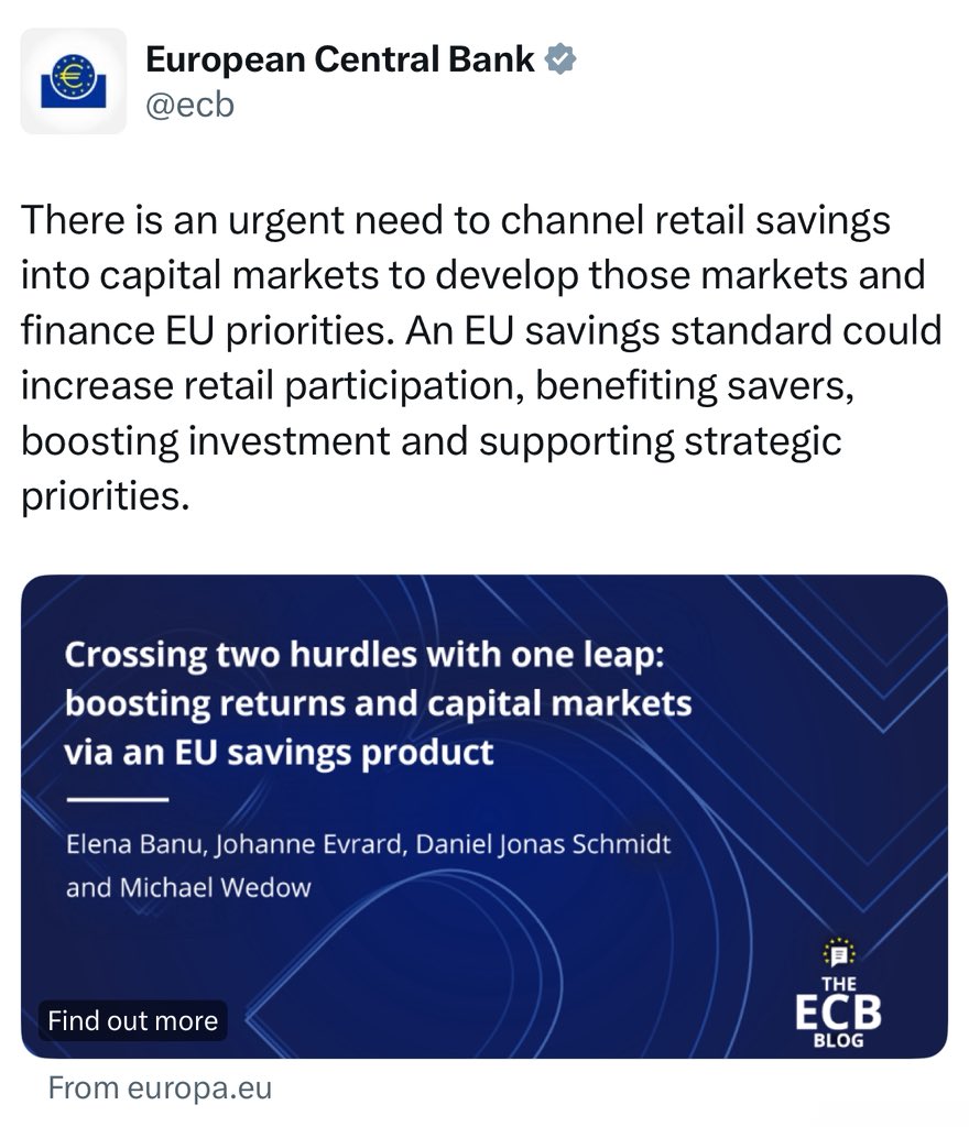 ECB: “..channel retail savings into markets.. &amp; finance EU priorities”

That’s YOUR money, misallocated.

Add to that Oct. 2025 deadline - CBDC / Digital Euro launch -> totalitarianism on steroids.