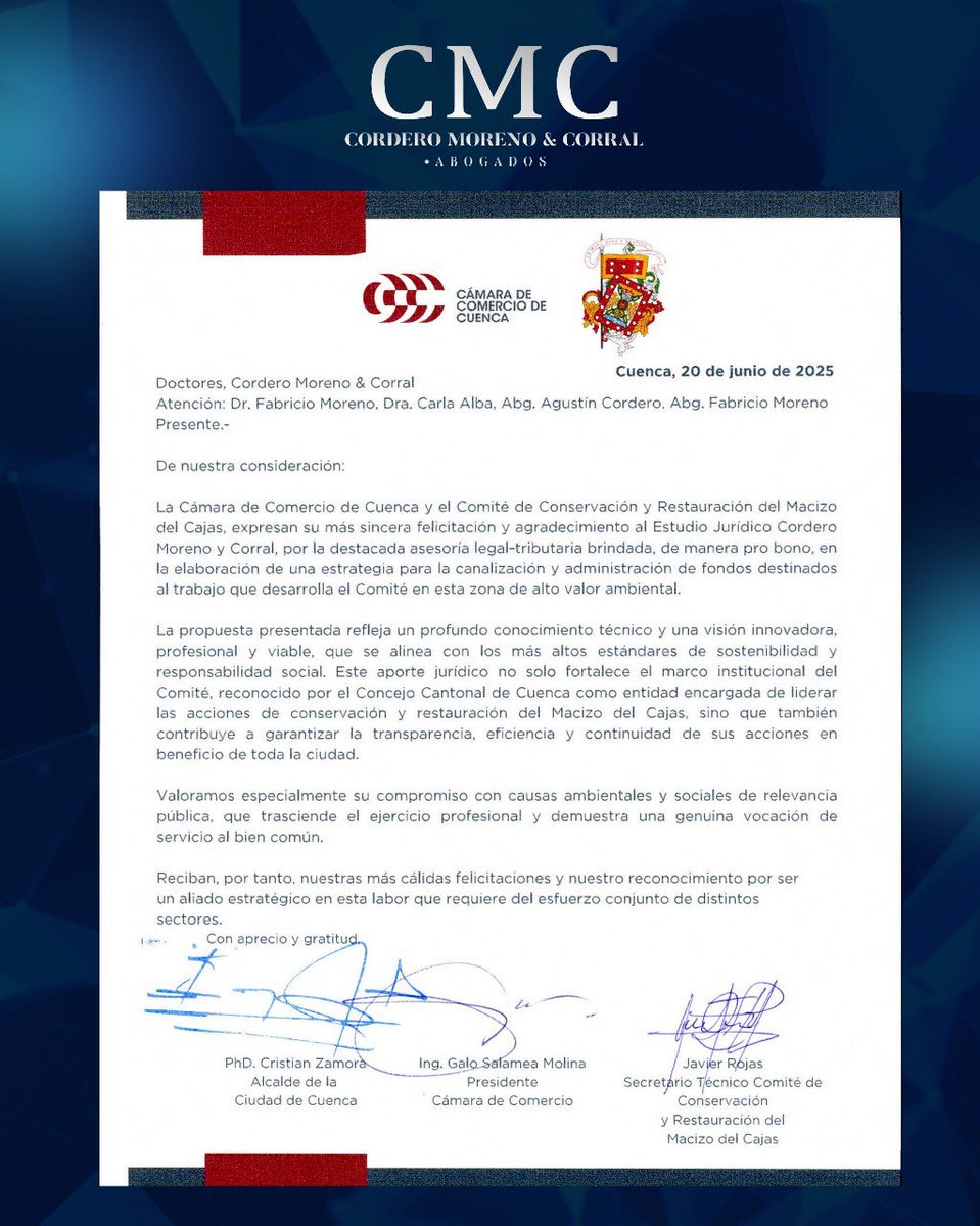 CMCABOGADOSEC's tweet image. Nos alegra compartir que hemos sido seleccionados para formar parte de un importante proyecto jurídico enfocado en la protección medioambiental del Macizo del Cajas.
Este logro reafirma nuestro compromiso con la excelencia y con un futuro más justo y sostenible.