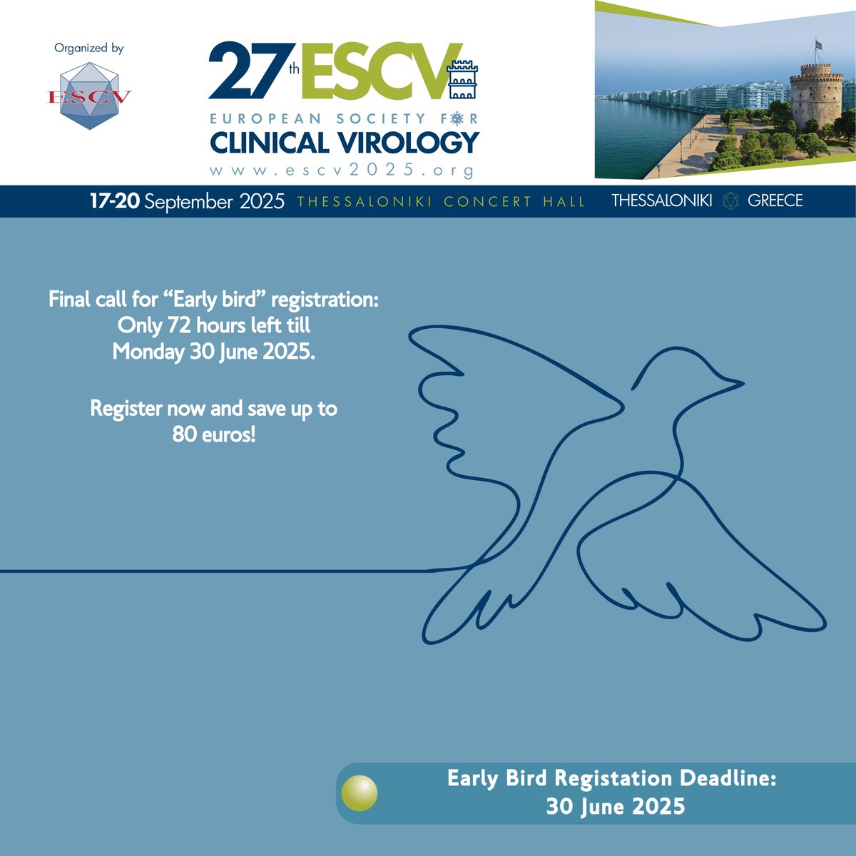 ESCVirology's tweet image. 🚨🚨🚨ESCV 2025: Final call for "Early bird" registration, only 72 hours left! Deadline 30 June 2025
Register here:
🔗escv2025.org/registrations/…