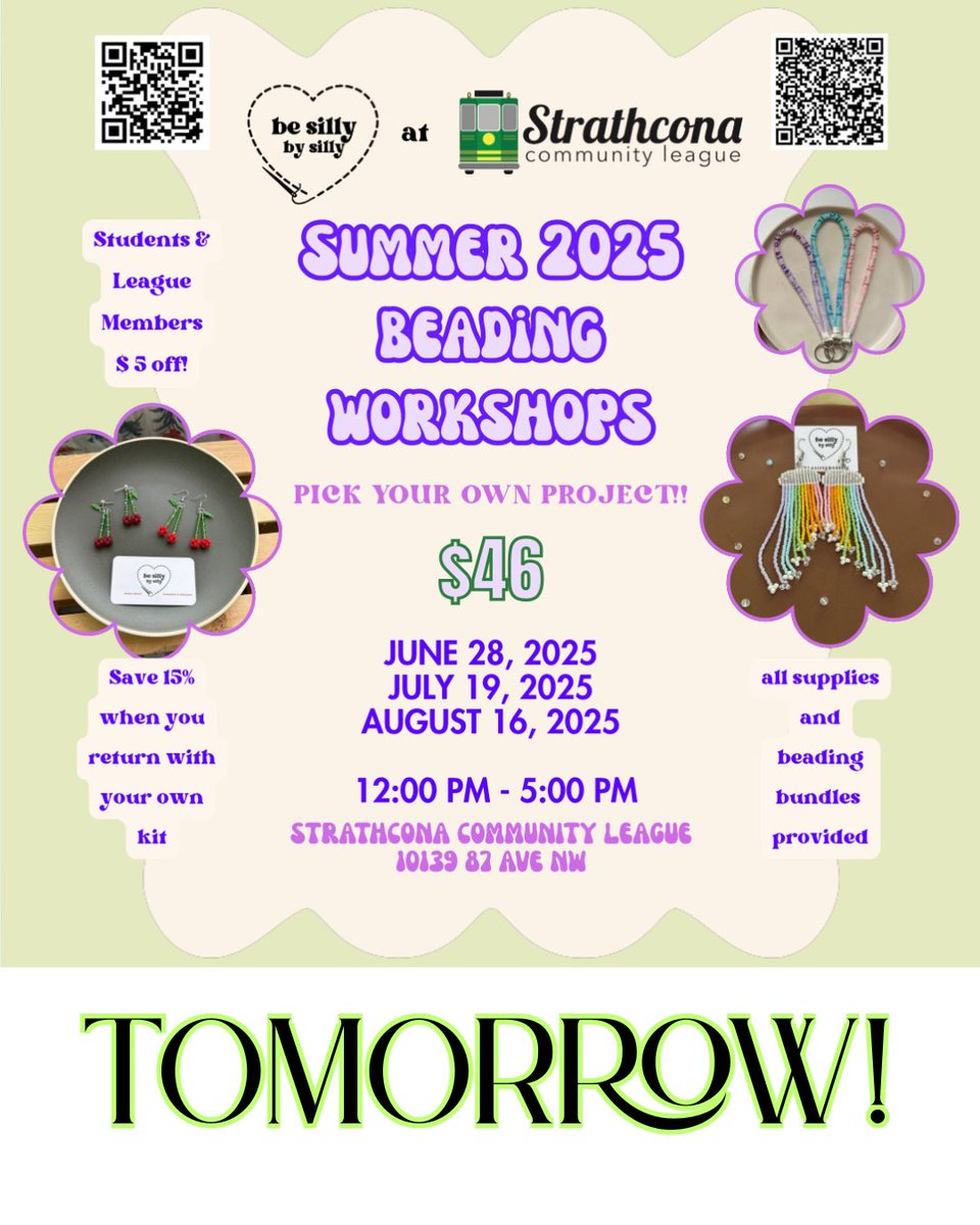 TOMORROW! Join Be Silly By Silly for Beading Workshops this Summer.

Saturdays, June 28
12pm – 5pm
SCCL Hall

For more information and to register: strathconacommunity.ca/programs/regis…