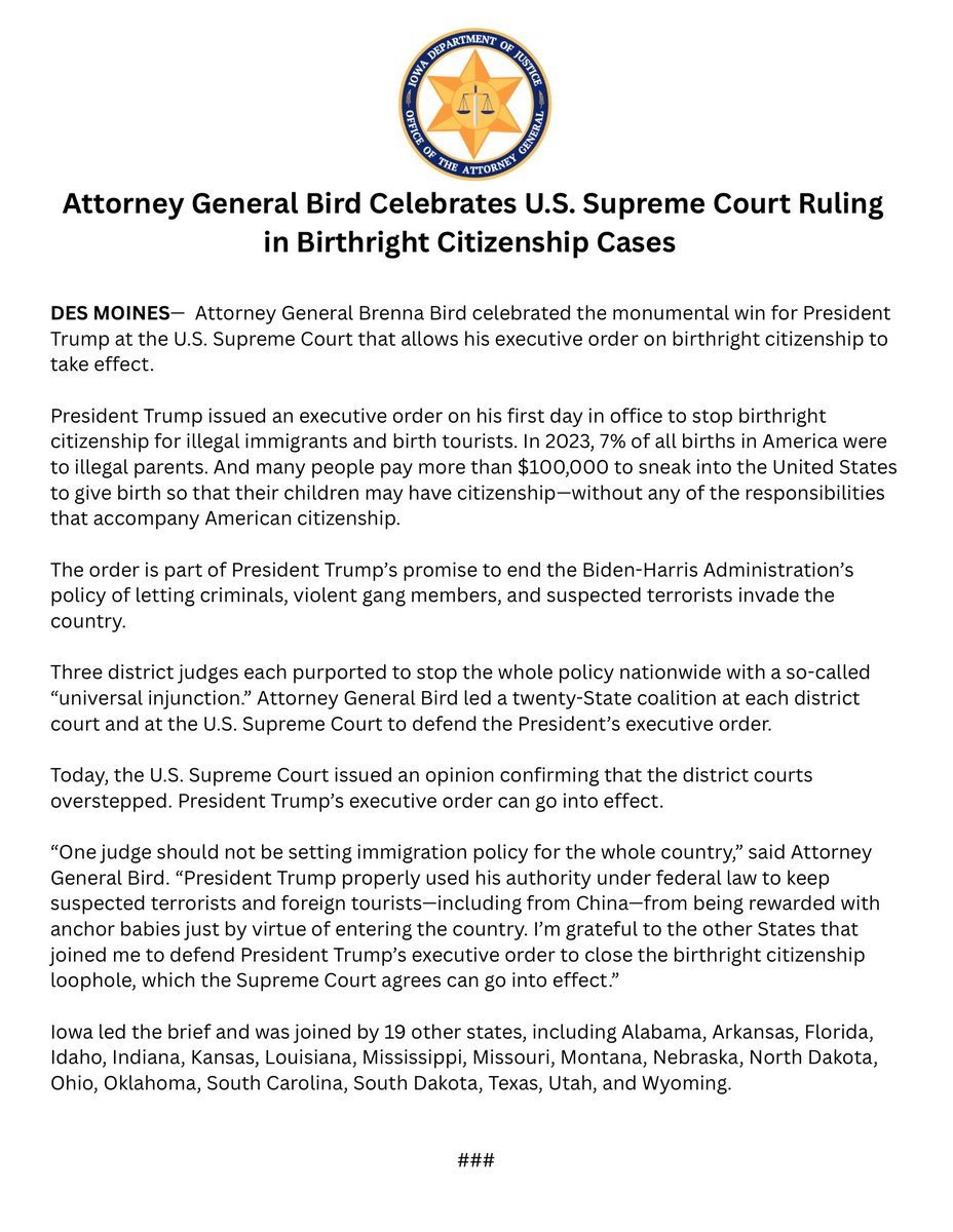 AGIowa's tweet image. “One judge should not be setting immigration policy for the whole country…President Trump properly used his authority under federal law to keep…foreign tourists—including from China—from being rewarded with anchor babies.”
