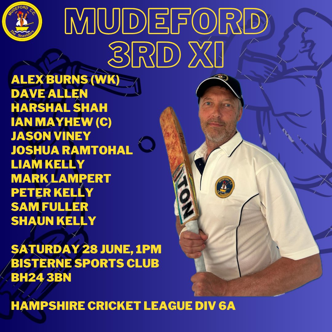 🚨 TEAM NEWS 🚨

Mudeford 1st XI vs Whiteparish 1st XI
Lymington 4th XI vsMudeford 2nd XI
Mudeford 3rd XI vs Suttoners 2nd XI

All matches start at 1pm

#cricket #cricketclub
#cricketlovers #crickettraining #local #localcricket #mudeford #UpTheMuddies #Seasiders
