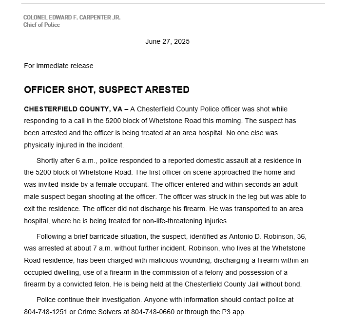 Chesterfield Police (@ccpdva) on Twitter photo Statement from <a href="/CCPDVa/">Chesterfield Police</a> regarding this morning's shooting is below. Video message from Col. Carpenter is available here: youtube.com/watch?v=_452Gd… Statement from <a href="/CCPDVa/">Chesterfield Police</a> regarding this morning's shooting is below. Video message from Col. Carpenter is available here: youtube.com/watch?v=_452Gd…