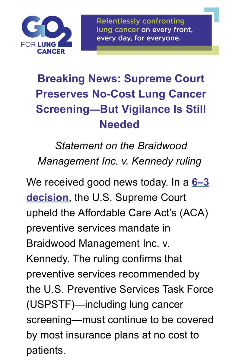 Breaking News! Score one for the good guys. US Supreme Court rules against administration attempt to defund Lung Cancer Screening, universally accepted as life-saving by identifying lung cancer at an early stage, when most curable. <a href="/ASCO/">ASCO</a> <a href="/IASLC/">IASLC</a>