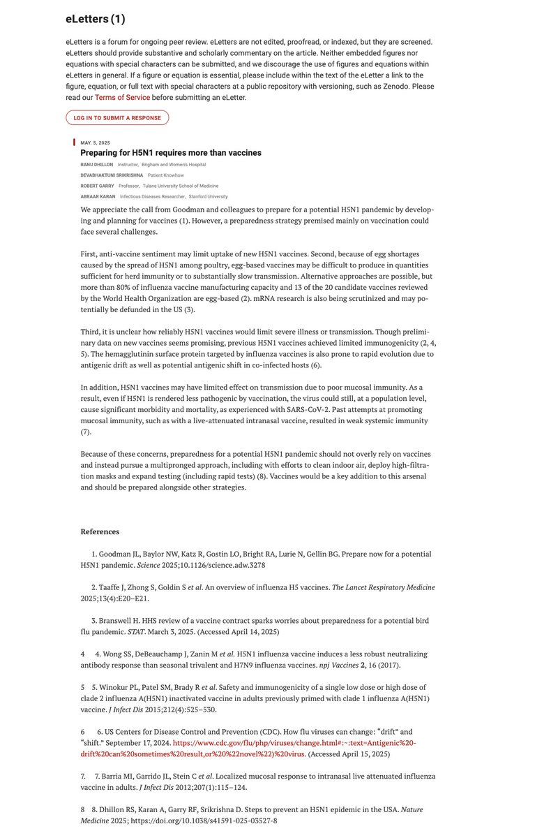 Abraar Karan (@abraarkaran) on Twitter photo Depending heavily on vaccines for #H5N1 epidemic mitigation is risky. In our e-letter in <a href="/ScienceMagazine/">Science Magazine</a> we outline reasons why <a href="/RanuDhillon/">Ranu Dhillon</a> <a href="/sri_srikrishna/">Devabhaktuni "Sri" Srikrishna</a>
science.org/doi/10.1126/sc… Depending heavily on vaccines for #H5N1 epidemic mitigation is risky. In our e-letter in <a href="/ScienceMagazine/">Science Magazine</a> we outline reasons why <a href="/RanuDhillon/">Ranu Dhillon</a> <a href="/sri_srikrishna/">Devabhaktuni "Sri" Srikrishna</a>
science.org/doi/10.1126/sc…