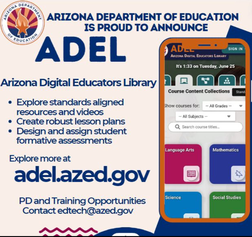 azedschools's tweet photo. ADEL The Arizona Digital Educators Library 
FREE access.  
Contact adel@azed.gov to schedule your team for a professional development session as you prepare for #BacktoSchool #Academics #FreePD https://t.co/iXHiJq97Yd