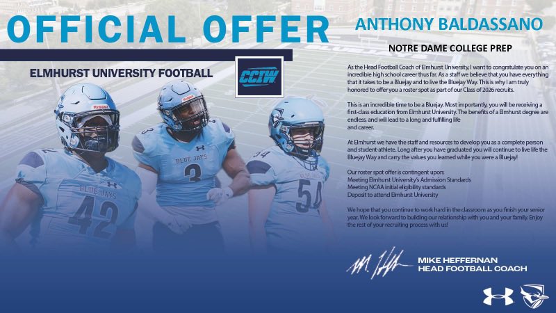 Anthony Baldassano (@abaldassano5510) on Twitter photo After a great conversation the other day with <a href="/Coach_Tahaney/">Jake Tahaney</a> I am blessed to receive my first offer from Elmhurst University. <a href="/NDCP_Football/">NDCP_Football</a> <a href="/nddons/">Notre Dame College Prep</a> After a great conversation the other day with <a href="/Coach_Tahaney/">Jake Tahaney</a> I am blessed to receive my first offer from Elmhurst University. <a href="/NDCP_Football/">NDCP_Football</a> <a href="/nddons/">Notre Dame College Prep</a>