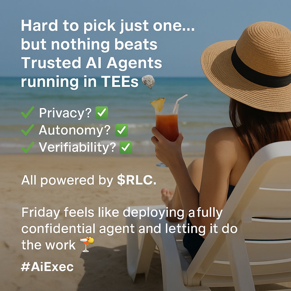 PauloEspiritoS's tweet photo. @iEx_ec Hard to pick just one... but nothing beats Trusted AI Agents running in TEEs 🧠🔐
Privacy? ✅
Autonomy? ✅
Verifiability? ✅
All powered by $RLC.
Friday feels like deploying a fully confidential agent and letting it do the work 🍹
#AiExec @iEx_ec #AI $RLC https://t.co/cETLkNhYQe