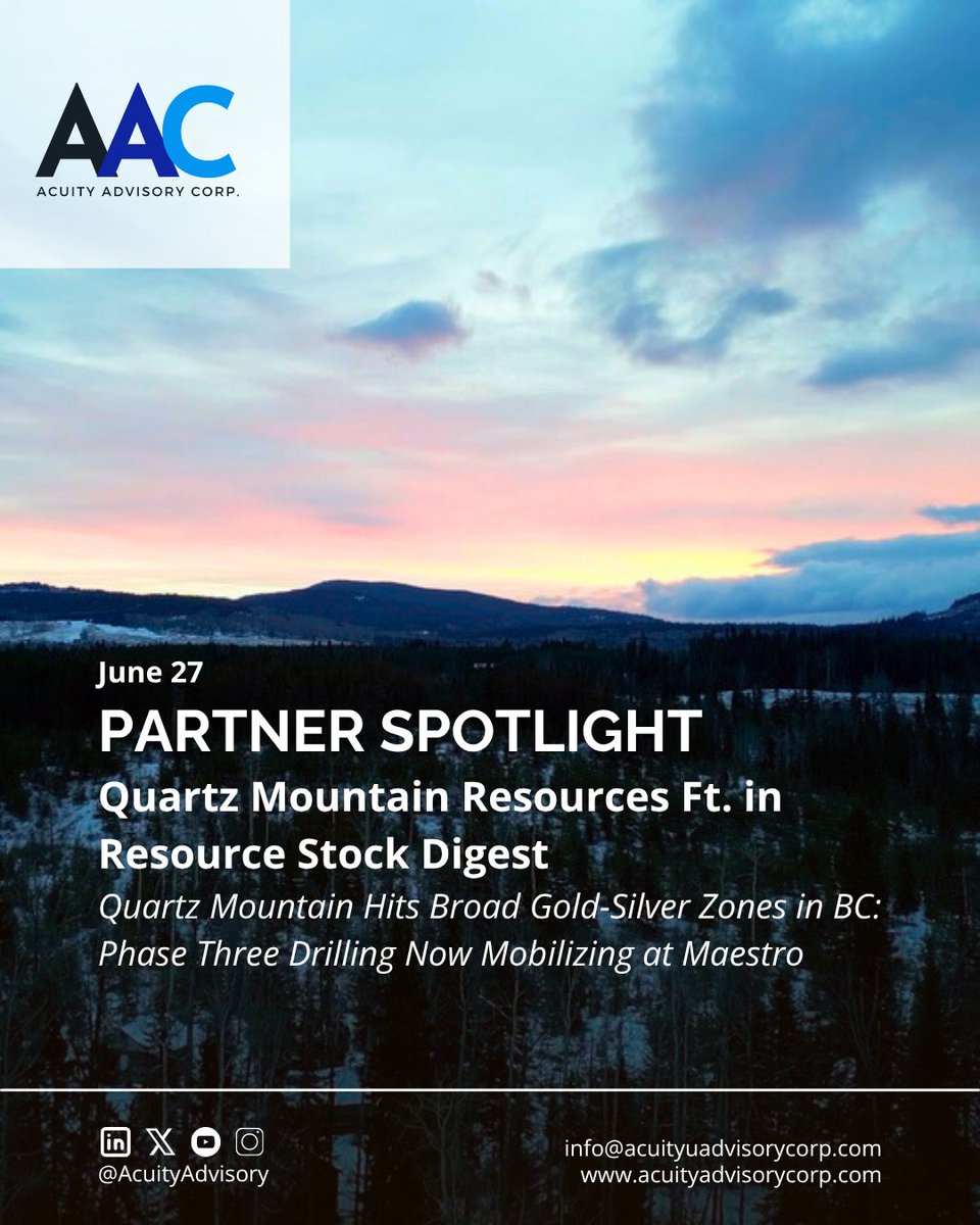 Acuity Advisory Corp. (@acuityadvisory) on Twitter photo Sharing a feature on <a href="/QZMResources/">Quartz Mountain Resources Ltd</a> by Resource Stock Digest, highlighting broad gold-silver intercepts at Maestro and upcoming future plans at Jake.
Phase Three now mobilizing with C$3.6M in treasury.
🔗 quartzmountainresources.com/contact
#QZM #TSXV #Gold #Silver #Copper #BCMining Sharing a feature on <a href="/QZMResources/">Quartz Mountain Resources Ltd</a> by Resource Stock Digest, highlighting broad gold-silver intercepts at Maestro and upcoming future plans at Jake.
Phase Three now mobilizing with C$3.6M in treasury.
🔗 quartzmountainresources.com/contact
#QZM #TSXV #Gold #Silver #Copper #BCMining