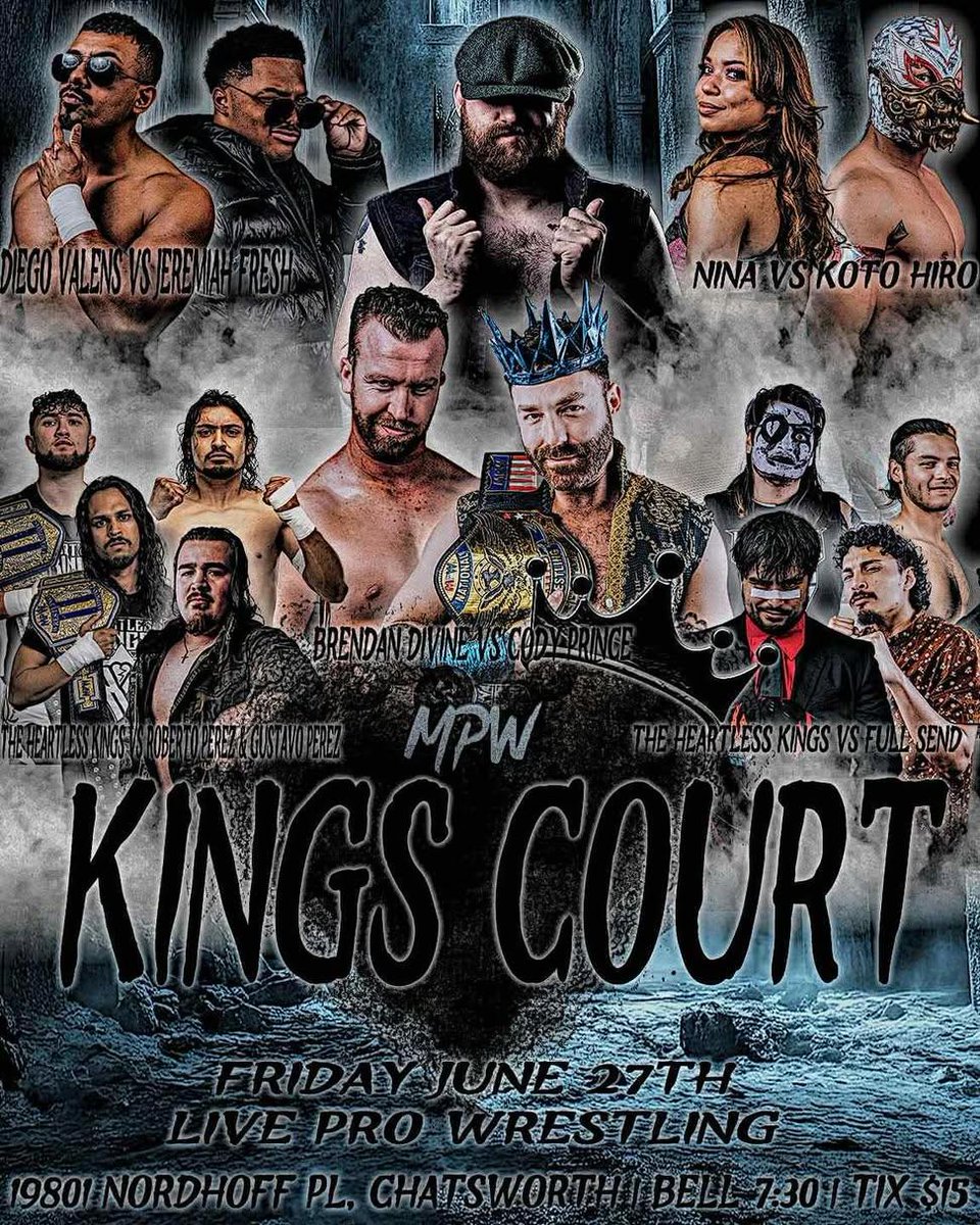 Lam Son 🇩🇪🇻🇳 (@lsv1995) on Twitter photo TODAY | <a href="/MPW_CA/">Millennium Pro Wrestling</a> King's Court
• <a href="/Brendan_Divine/">Brendan Divine</a> 🆚️ <a href="/CodyPrinceMPW/">Cody Prince 👑</a>
• Heartless Kings 🆚️ Roberto & Gustavo Perez
• Heartless Kings 🆚️ Full Send
• Nina 🆚️ <a href="/RealKotoHiro/">Koto Hiro / 殊宙 ⛩️</a>
• <a href="/HD_DiegoValens/">Diego Valens</a> 🆚️ Jeremiah Fresh TODAY | <a href="/MPW_CA/">Millennium Pro Wrestling</a> King's Court
• <a href="/Brendan_Divine/">Brendan Divine</a> 🆚️ <a href="/CodyPrinceMPW/">Cody Prince 👑</a>
• Heartless Kings 🆚️ Roberto & Gustavo Perez
• Heartless Kings 🆚️ Full Send
• Nina 🆚️ <a href="/RealKotoHiro/">Koto Hiro / 殊宙 ⛩️</a>
• <a href="/HD_DiegoValens/">Diego Valens</a> 🆚️ Jeremiah Fresh