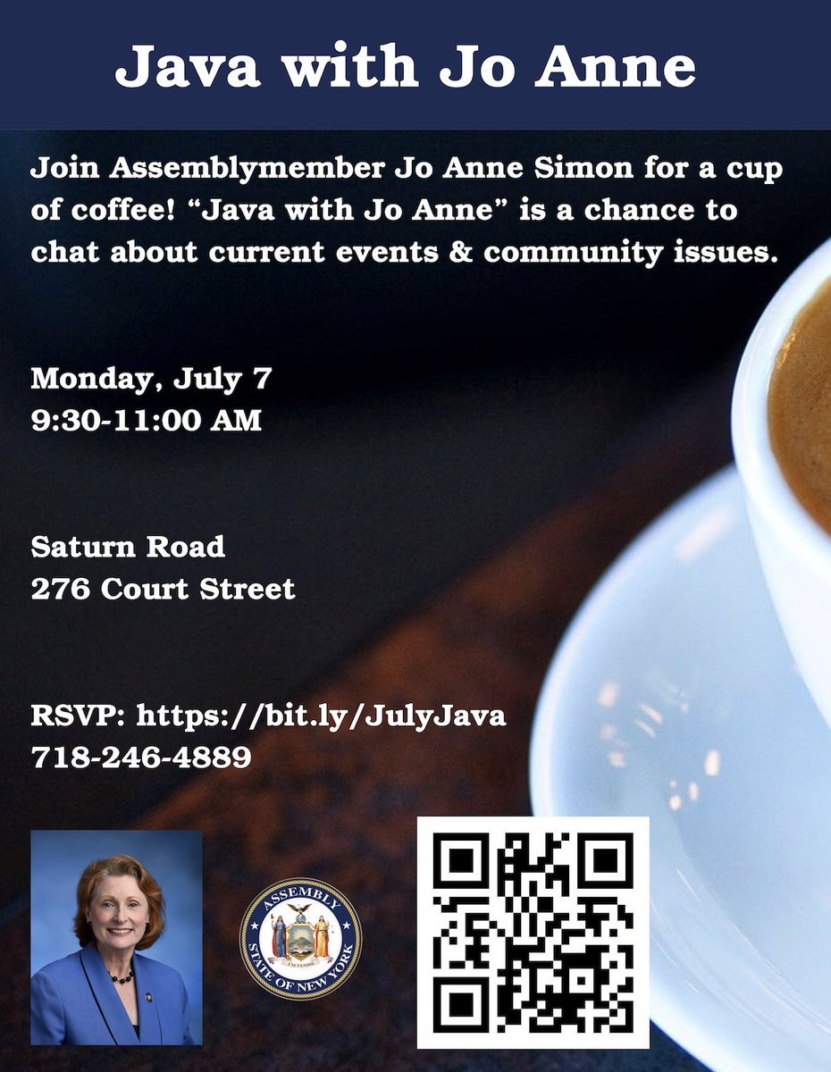 Sip, chat, connect!

Join me for Java with Jo Anne on Monday, July 7th at 9:30 AM at Saturn Road, 276 Court Street. We’ll chat about local issues, community updates, or whatever’s on your mind. 

RSVP here: bit.ly/JulyJava