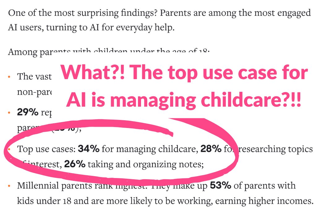 Sara Mauskopf (@sm) on Twitter photo Ok the AI report from <a href="/MenloVentures/">Menlo Ventures</a> keeps getting sent to me and one part of it is SUPER MISLEADING so I need to set the record straight. The report highlights that parents are power users of AI (true), including a headline claim that 34% of parents use AI for "managing Ok the AI report from <a href="/MenloVentures/">Menlo Ventures</a> keeps getting sent to me and one part of it is SUPER MISLEADING so I need to set the record straight. The report highlights that parents are power users of AI (true), including a headline claim that 34% of parents use AI for "managing