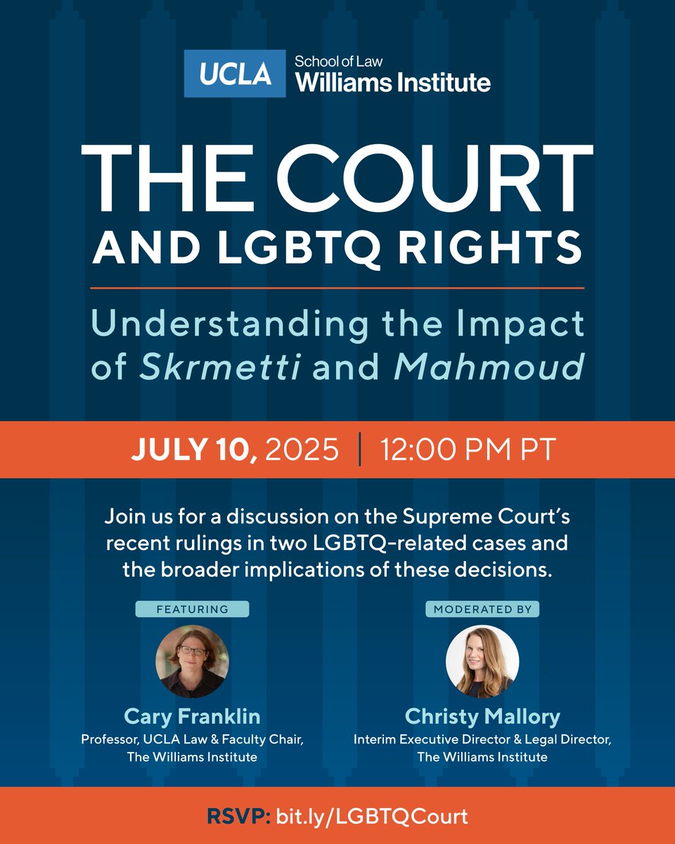Join us for a discussion on the Supreme Court's rulings in two LGBTQ-related cases: Skrmetti and Mahmoud. Constitutional law scholar Cary Franklin will explain the decisions and their potential implications for access to gender-affirming care and LGBTQ curricula in schools. RSVP: