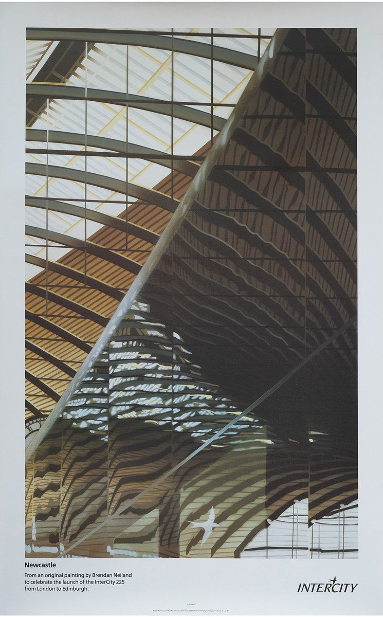 robertneuk's tweet image. At auction, an Intercity railway poster from 1991 of Newcastle Central Station from a painting by Brendan Neiland R.A.
The poster celebrates the electrification of the East Coast Main Line & the full introduction of the 225 fleet.
Image: G.W. Railwayana Auctions