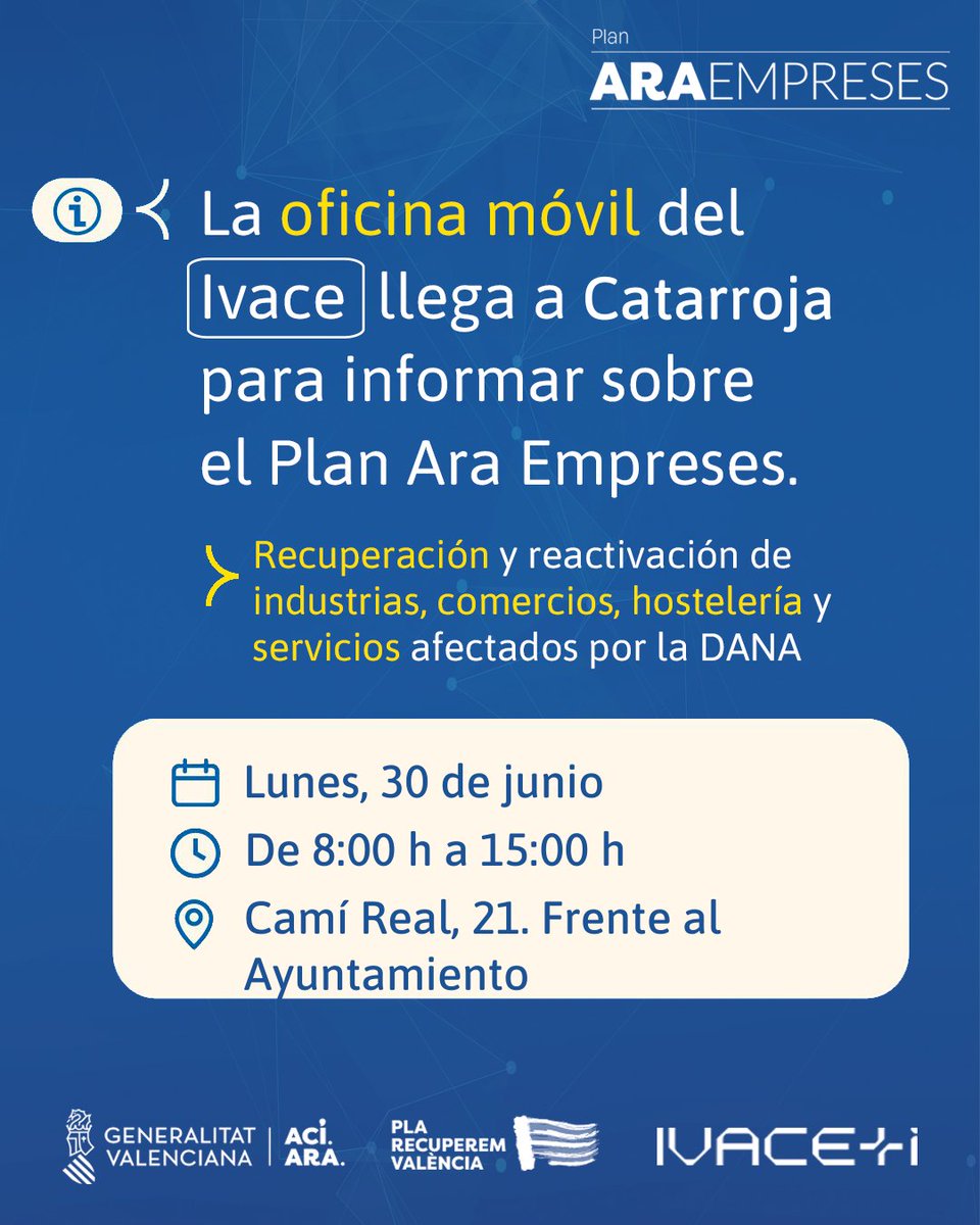 🚐 Las oficinas móviles de #AraEmpreses llegan el lunes a #Catarroja y a las áreas industriales de #Beniparrell 

💶 127,4 M€ 
✅ Compatibles con otras ayudas públicas y privadas
📅 Hasta 24 julio
🖥️ Trámite: ivace.es

<a href="/CanoMarian/">Marián Cano</a>
<a href="/ajuntcatarroja/">Ajuntament Catarroja</a>
<a href="/Aembeniparrell/">Aembeniparrell</a>