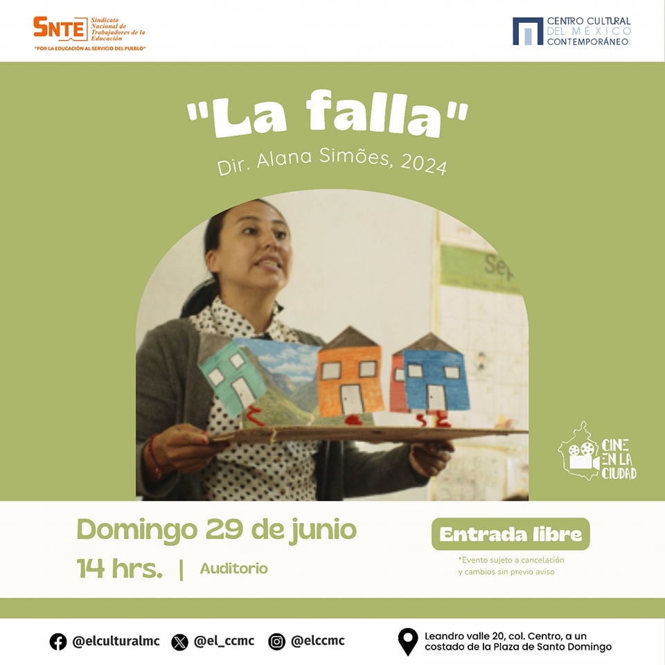 Plan para el domingo, el #CCMC te invita a ver el documental "La Falla", dirigida por Alana Simoes.

📽📆 Domingo 29 de junio 
⏰️ 14:00 hrs.

Celeste, maestra, pasa un último mes con sus alumnos de Primaria antes de irse a otra escuela a la que fue transferida.