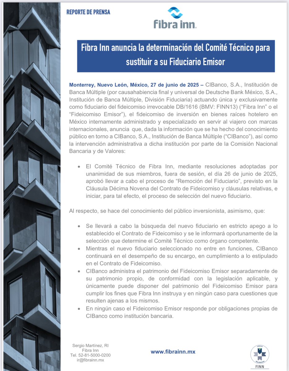 Primera FIBRA que anuncia sustitución de Fiduciaria. <a href="/FibraInn/">Fibra Inn</a>