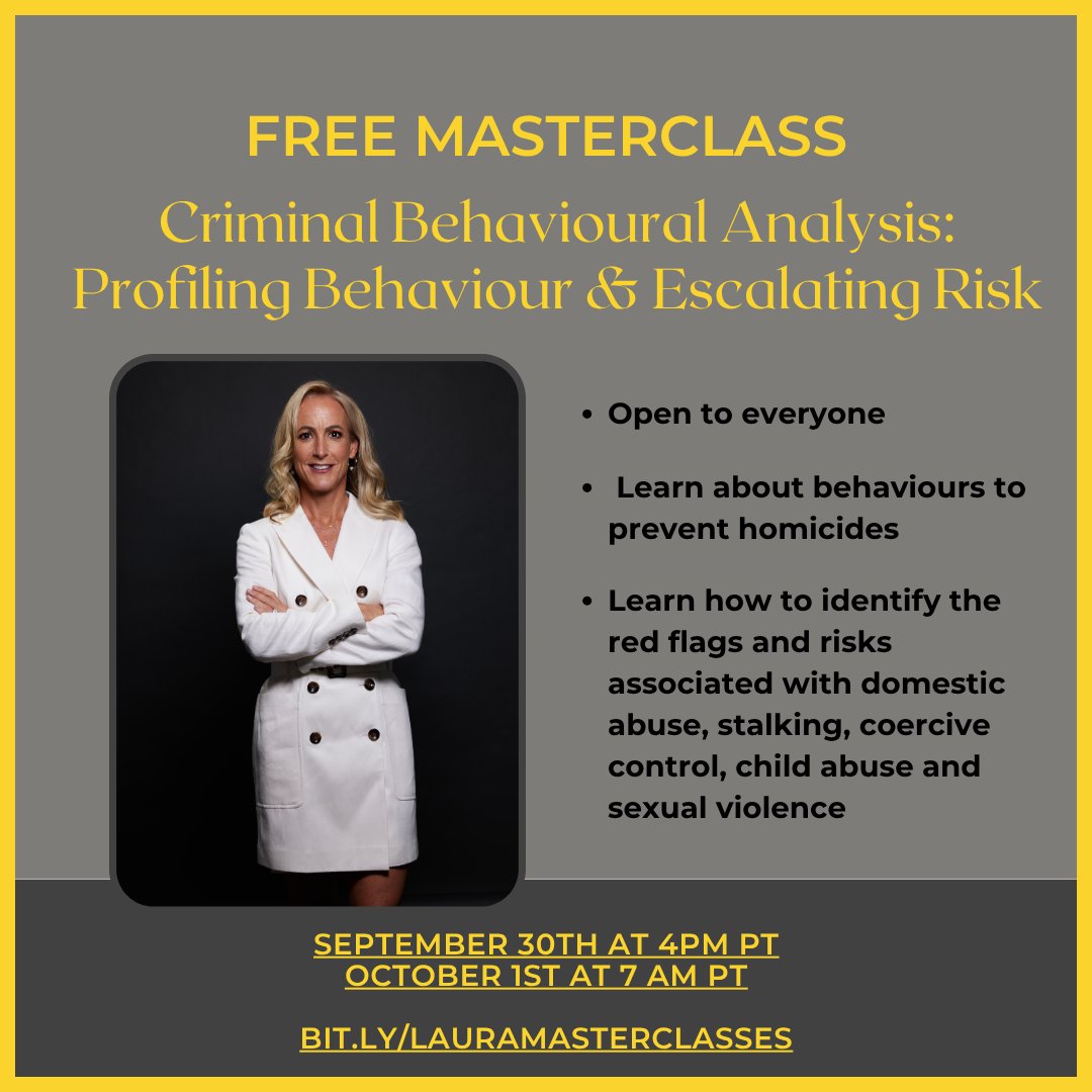 DASH Risk Model (@dashchecklist) on Twitter photo 🚨FREE MASTERCLASS ALERT!
Criminal Behavioural Analysis:Profiling Behaviour & Escalating Risk with expert <a href="/laurarichards99/">Laura Richards BSc, MSc, MBPsS</a>
Learn how to identify red flags:
⚠️ Domestic abuse
⚠️ Stalking
⚠️ Coercive control
⚠️ Sexual violence
📅 Open to all – Register now! bit.ly/LauraMastercla… 🚨FREE MASTERCLASS ALERT!
Criminal Behavioural Analysis:Profiling Behaviour & Escalating Risk with expert <a href="/laurarichards99/">Laura Richards BSc, MSc, MBPsS</a>
Learn how to identify red flags:
⚠️ Domestic abuse
⚠️ Stalking
⚠️ Coercive control
⚠️ Sexual violence
📅 Open to all – Register now! bit.ly/LauraMastercla…