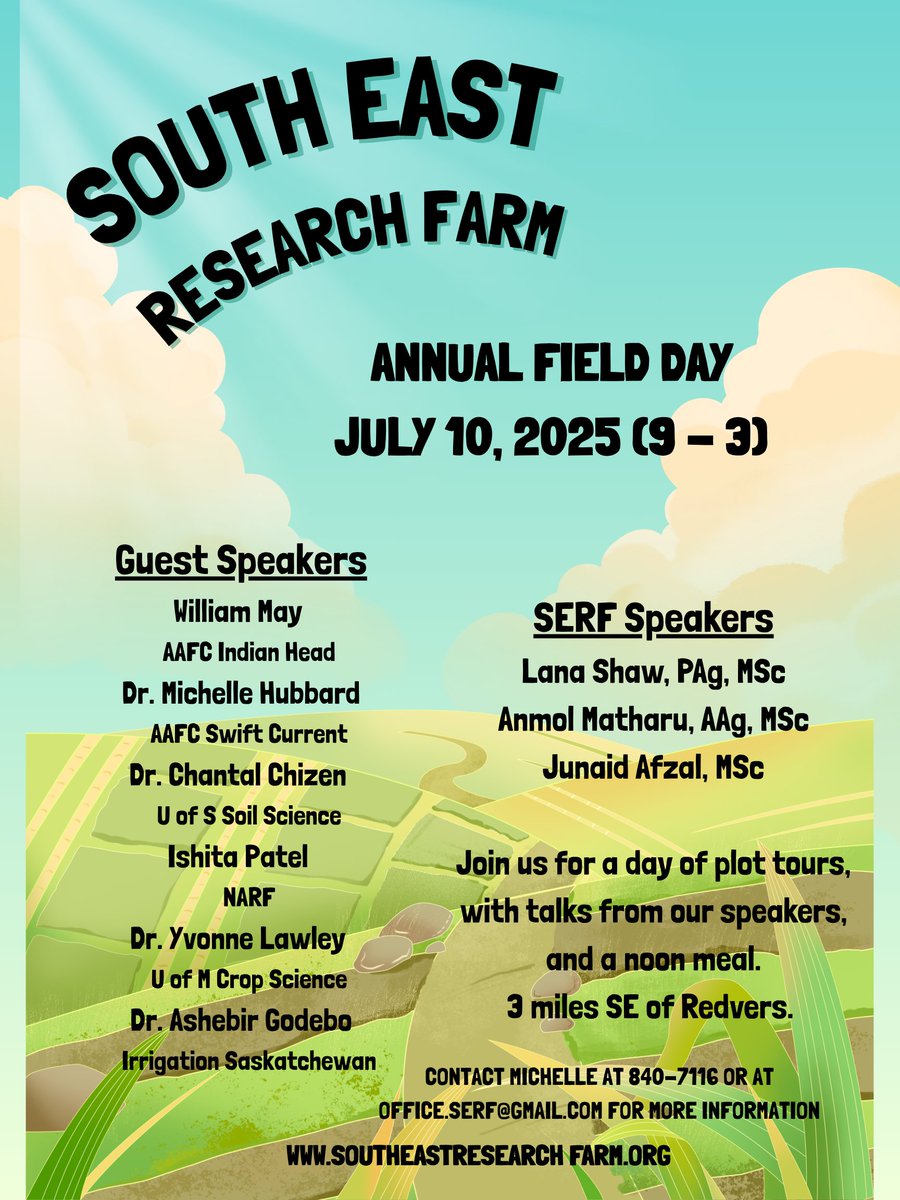 📆 Attend the <a href="/SE_ResearchFarm/">Lana at SE Research Farm</a>'s Annual Field Day! Featuring plot tours, expert talks on agronomic innovations &amp; networking opportunities for farmers and industry.

📧 RSVP to 306-840-7116 or email at office.serf@gmail.com

#SaskAg #SERF #AgResearch #Agronomy #FieldTour