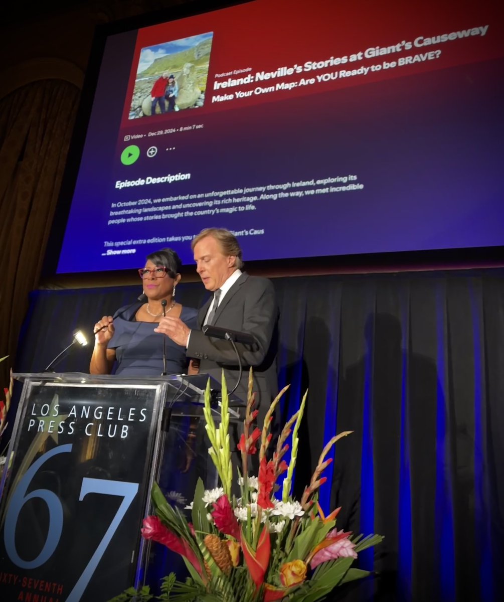 My first-ever 1st Place win at the Southern California Journalism Awards — and I couldn’t be more excited! Seeing Make Your Own Map podcast and my photo with 
Neville in Ireland on the big screen and hearing them call my name and read the judges comments was incredible! They said