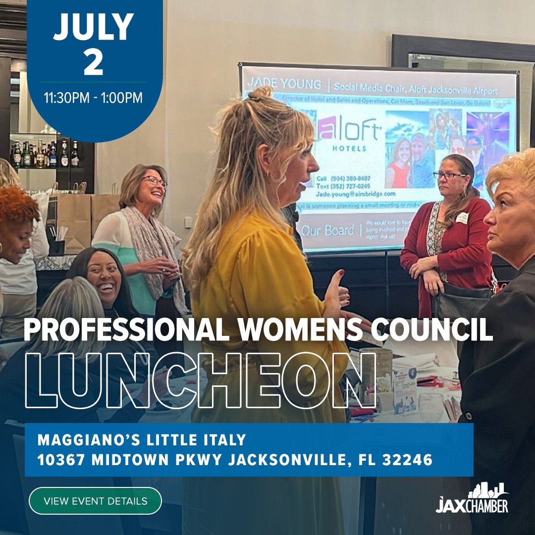JAXChamber's tweet image. Here's what's up for this week at JAX Chamber, see you there!
🗓️July 2 - JAX Chamber Professional Women's Council - PWC Luncheon with Lauren Little of Jim Moran Institute for Global Entrepreneurship
Time: 11:30am - 1:00pm
#JAXChamber #jacksonvillefl