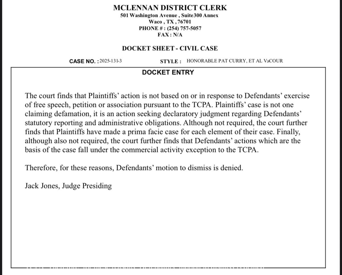 In the lawsuit against Chris Ekstrom and his PAC where he sent mass text messages in a campaign against <a href="/PatrickJCurry1/">Pat Curry</a>, Ekstrom’s motion to dismiss citing TCPA was denied.